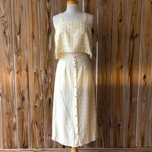 Tribe Alive Cotton Cream and Yellow Ikat Striped Button Up Midi Skirt